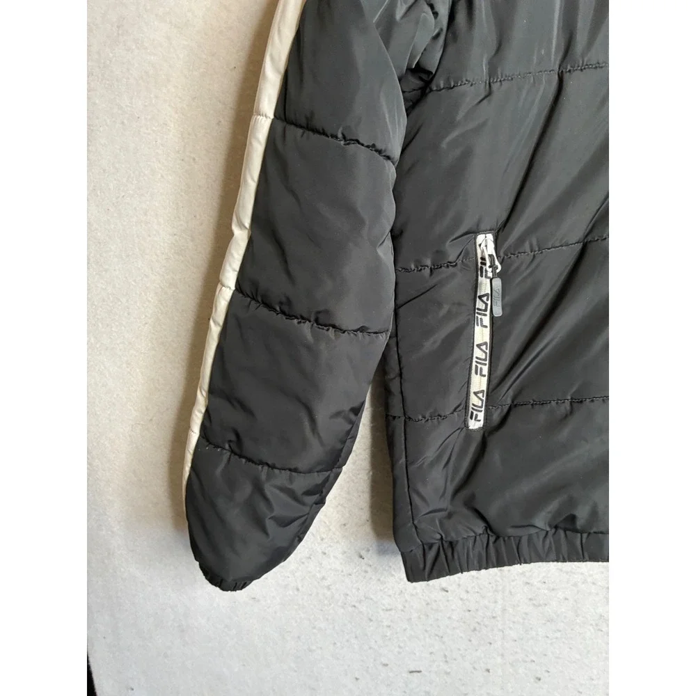 FILA Mens Black White Colorblock Puffer Jacket Full Zip Logo Tape Quilted Small